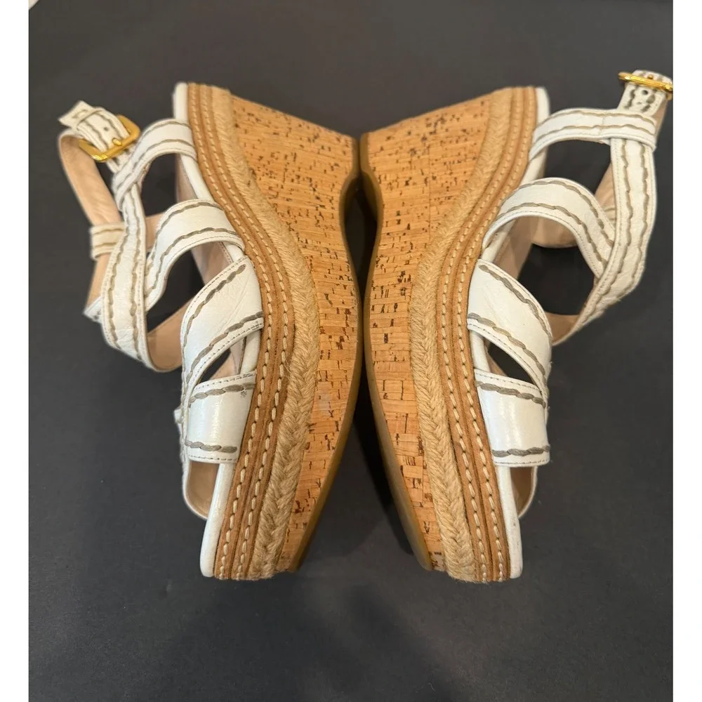 Prada White Whipstitch Leather Espadrille Platform Wedge Sandals Sz 7.5